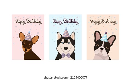 A set of cute postcards with dogs. Happy Birthday. Cartoon design.
