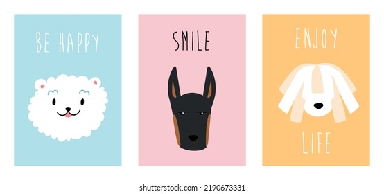 A set of cute postcards with dogs. Motivational phrases. Various breeds of dogs. Pastel colors of postcards. Kawaii cards, posters, banners, prints