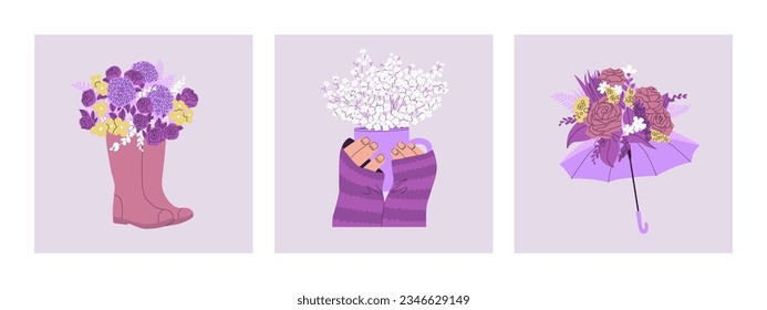 A set of cute postcards with flowers and cozy autumn items. A bouquet of flowers is in the boots and on the umbrella and in the mug. Isolated illustration for spring or autumn design.