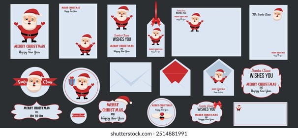 Set of cute postcards, greeting card, labels with Santa Claus in a red vintage costume. Vector Happy Santa Claus on black isolated background. Christmas vector illustration for celebrating