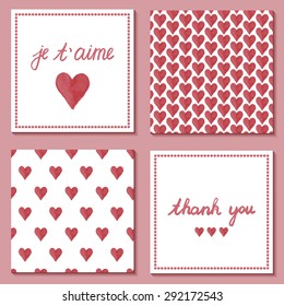 set of cute postcards with hand drawn watercolor hearts and french "I love you" text and "thank you" text, you can use it for weddings or birthdays