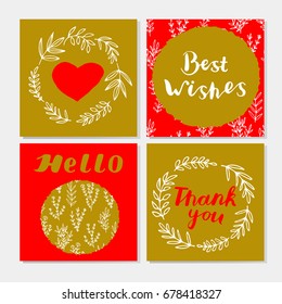 Set of cute postcards with hand lettering, laurel wreaths, branches, leaves, heart. Best wishes. Thank you. Hello. Vector illustration.