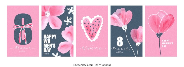 Set of cute postcards for International Women's Day on March 8. Collection of cards with hand drawn design elements. Watercolor flowers, heart, number 8 with bow. Vector illustration.