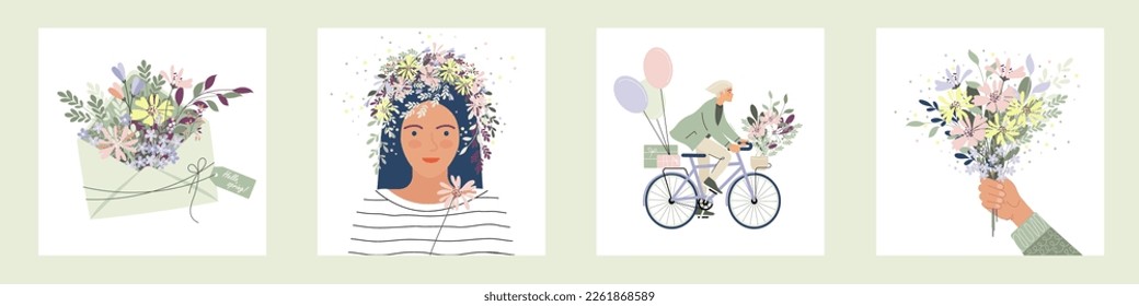 set of cute postcards for spring holidays. naive flowers in an envelope, portrait of a girl with flowers in her hair, boy on a bicycle with flowers. flat pattern, pastel colors, cartoon style. EPS 10.