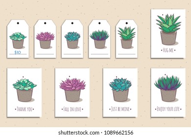 Set of cute postcards and tags with hand drawn succulents. Vector illustration.