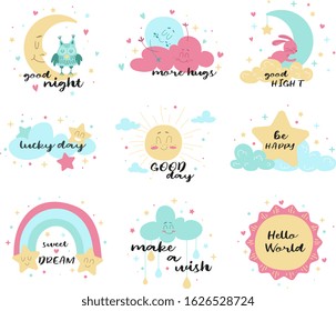 Set of cute poster designs in muted colors with inspirational text with the moon, sun, star, rainbow and clouds, vector illustration