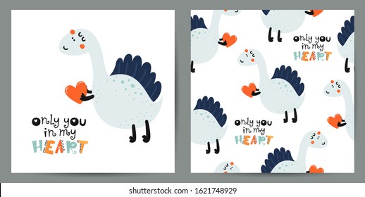 Set of cute poster and seamless pattern with dinosaurs. Love design for birthday invitation, poster, clothing, nursery wall art and Valentine's day card.