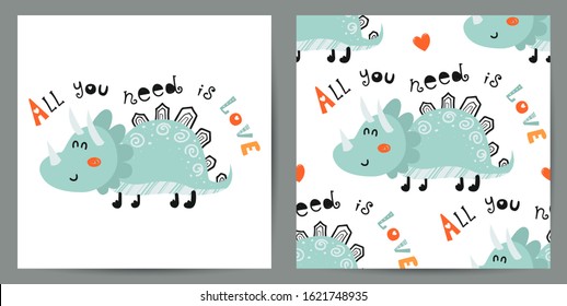 Set of cute poster and seamless pattern with dinosaurs. Love design for birthday invitation, poster, clothing, nursery wall art and Valentine's day card.