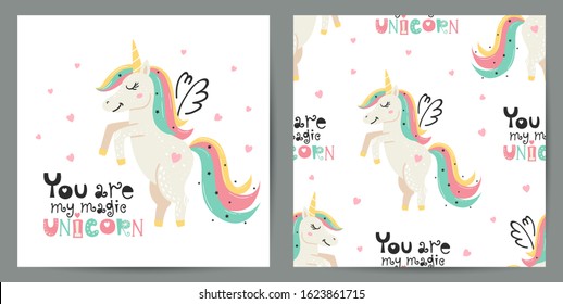 Set of cute poster and seamless pattern with magical unicorns. Childish design for birthday invitation, poster, clothing, nursery wall art and card.