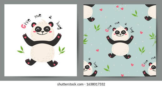 Set of cute poster and seamless pattern with pandas. Love design for birthday invitation, poster, clothing, nursery wall art and Valentine's day card.