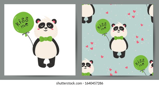 Set of cute poster and seamless pattern with pandas. Love design for birthday invitation, poster, clothing, nursery wall art and Valentine's day card.