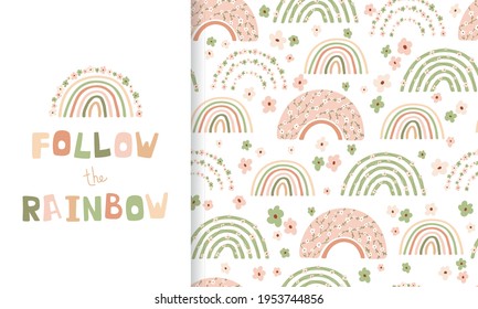 Set cute poster and seamless pattern delicate spring rainbow and flowers. Collection in hand drawn style in pastel colors for kids clothing, textiles, children's room design. Vector illustration