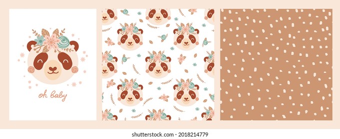 Set cute poster and seamless pattern with panda face and poster with lettering Oh baby. Collection with animal flowers of flat style for children's clothing, textiles, wallpapers. Vector Illustration