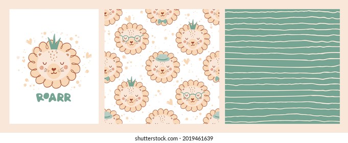 Set cute poster and seamless pattern with the face of lion in crown and poster with the lettering Roar. Collection with flat style animals for kids clothing, textiles, wallpaper. Vector Illustration
