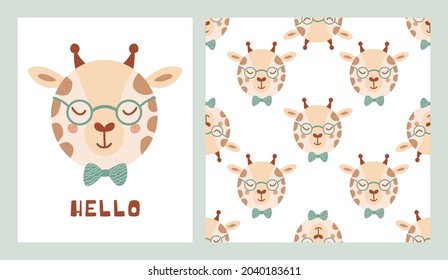 Set cute poster and seamless pattern with giraffe face wearing glasses and bow tie and lettering Hello. Collection with animal in flat style for children clothing, textiles. Vector Illustration