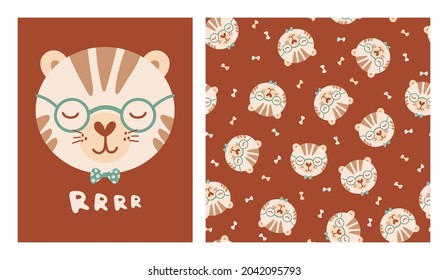 Set cute poster and seamless pattern with tiger face and poster with lettering Rrrr. Collection with animal of flat style for children clothing, textiles, wallpapers. Vector Illustration