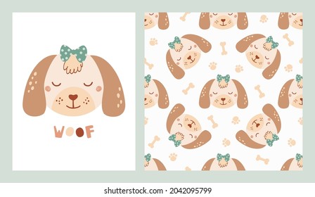 Set cute poster and seamless pattern with dog face and poster with lettering Woof. Collection with animal of flat style for children clothing, textiles, wallpapers. Vector Illustration