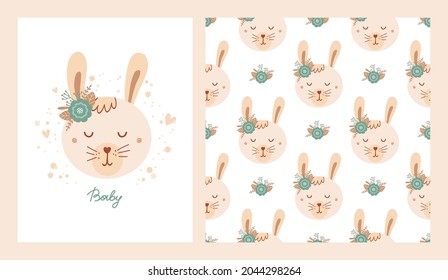 Set cute poster and seamless pattern with rabbit face and poster with lettering Baby. Collection with animal of flat style for children clothing, textiles, wallpapers. Vector Illustration
