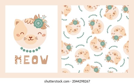 Set cute poster and seamless pattern with cat face and poster with lettering Meow. Collection with animal of flat style for children clothing, textiles, wallpapers. Vector Illustration