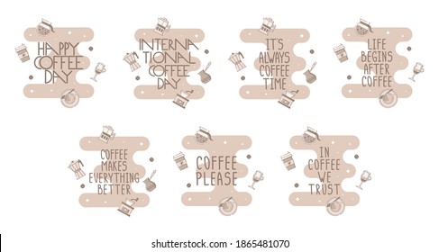 Set of cute poster templates with a gazer coffee maker, french press, grinder, cezve and lettering. Sparkling stars, coffee beans and brown blob in the background. Flat linear style illustration.