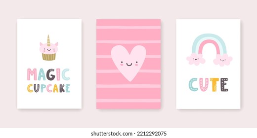 Un juego de afiches bonitos para la habitación de los bebés. Kawaii imprimió la colección para arte y ropa de pared recién nacidas.