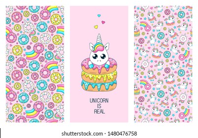 Set of cute posters. Baby unicorn playing with donuts.Fairytale seamless pattern. Donut unicorn with white  glaze and rainbow tail, pink, blue mint and yellow lemon donuts, pink comet with rainbow