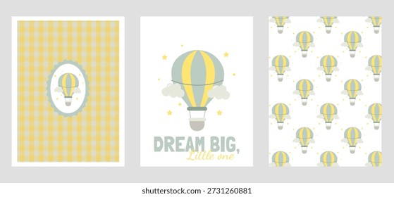 A set of cute posters for a child's room with a hot air balloon. Decor for a child's room. Perfect for children's clothing and textiles.