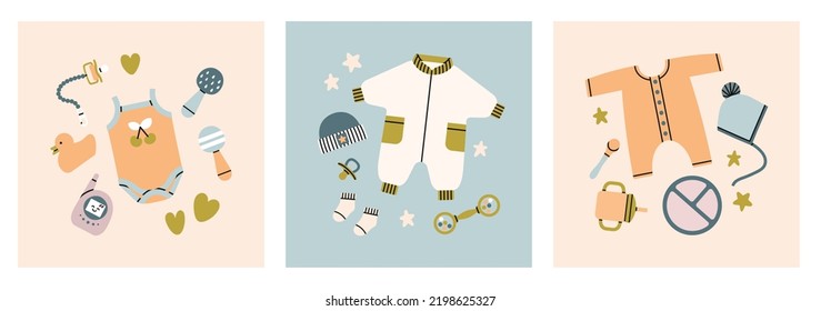 Set of cute posters with different products for newborn babies. Clothes, toys, feeding. Happy Birthday or Baby Shower concept. Hand drawn vector illustration. Print, postcard, invitation design.