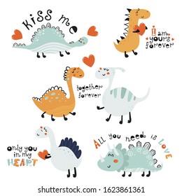 Set of cute posters with dinosaurs. . Vector illustration for your design.