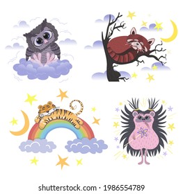 Set of cute posters drawn in cartoon style - owl, hedgehog, tiger and red panda. Stock vector illustration isolated on a white background.