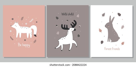 A set of cute posters with forest animals. Fox, moose, hare in cartoon style on the background of plants, flowers, leaves. Vector illustration