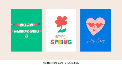 Set of cute posters with illustrations of beads bracelets, flower, heart in sunglasses and lettering happy spring. Greeting cards in kidcore style. Vector illustration