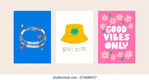 Set of cute posters with illustrations of beads bracelets, panama hat, flowers and lettering good vibes only. Greeting cards in kidcore, 90s, 00s style. Vector illustration