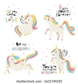 Juego de afiches lindos con unicornio mágico. Diseño infantil para invitación de cumpleaños, afiche, ropa, arte en la pared infantil y tarjeta.