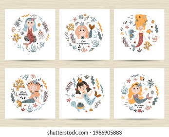 Set of cute posters with mermaids. Perfect for kids bedroom, nursery decoration, posters and wall decorations