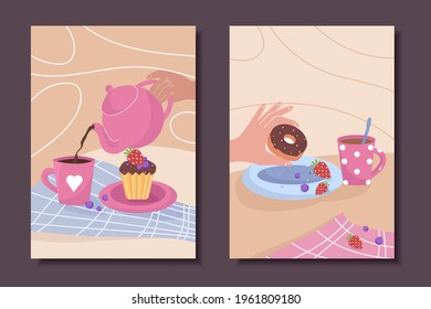 Set of cute posters with pastries and tea. Vector illustration.