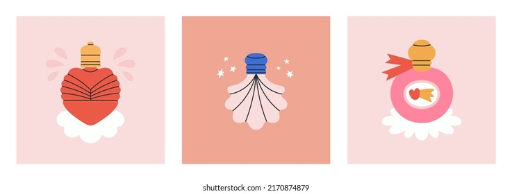 Set of cute posters with perfume bottles, toilet water or potion. Cosmetics and magic concept. Icon, poster, social media cover etc. Hand drawn vector illustrations in trendy colors.