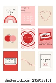 Set of cute posters with quotes about love, Valentine's Day greeting cards in modern, trendy colors, vector illustration.