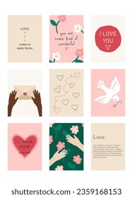 Set of cute posters with quotes about love, Valentine's Day greeting cards in modern, trendy colors, vector illustration.