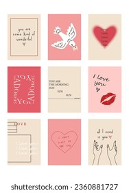 Set of cute posters with quotes about love, Valentine's Day greeting cards in modern, trendy colors, vector illustration.