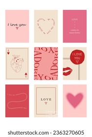 Set of cute posters with quotes about love, Valentine's Day greeting cards in modern, trendy colors, vector illustration.