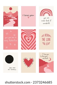 Set of cute posters with quotes about love, Valentine's Day greeting cards in modern, trendy colors, vector illustration.