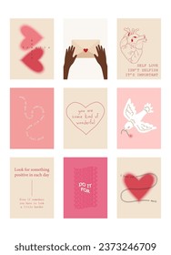 Afiches bonitos con citas sobre el amor, tarjetas de felicitación del Día de San Valentín en colores modernos y de moda, ilustración vectorial.
