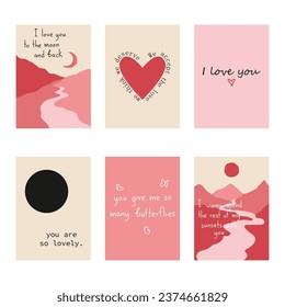 Set of cute posters with quotes about love, Valentine's Day greeting cards in modern, trendy colors, vector illustration.