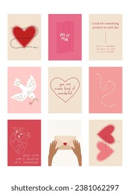 Set of cute posters with quotes about love, Valentine's Day greeting cards in modern, trendy colors, vector illustration.