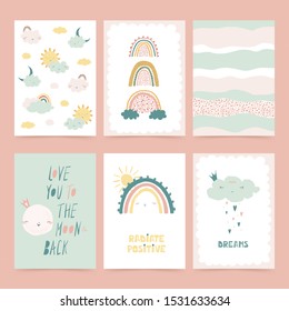 Set of cute posters with rainbow, moon, cloud, sun, lettering in flat style for kids. Postcards for the holiday, congratulations, children's room, interior. Vector illustration
