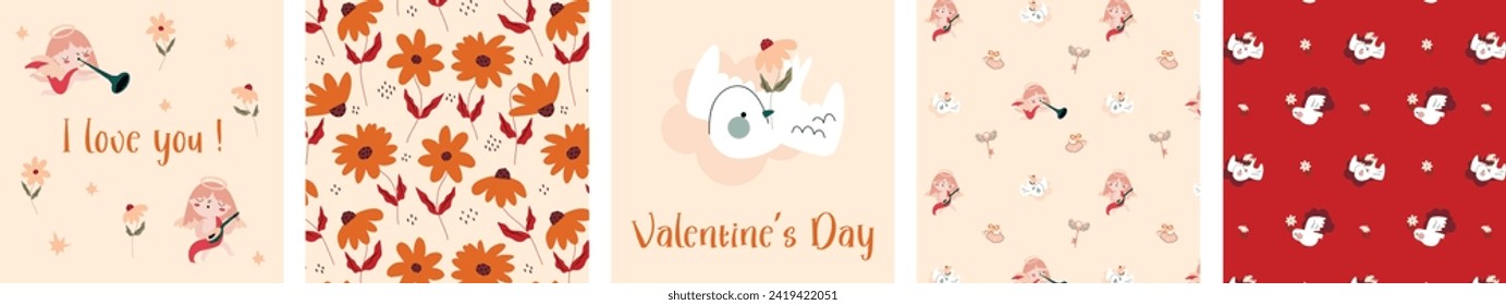 Set of cute posters and  seamless patterns with flowers, cupids   and birds .St. Valentine's Day concept. Amor kids with wings hold a heart, romantic symbol of love. Great for fabric, textile Vector I