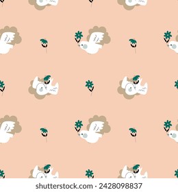 Set of cute posters and  seamless patterns with flowers, cupids   and birds .St. Valentine's Day concept.Amor kids with wings hold a heart, romantic symbol of love. Great for fabric, textile Vector 