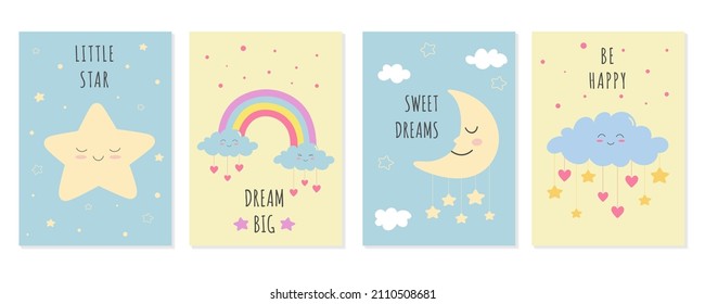 Afiches lindos con luna somnolienta y estrellas, nubes sonrientes. Plantilla para ducha de bebé, tarjeta de saludo, póster de guardería, impresión.