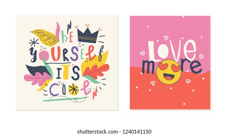 Set of cute posters with slogans and colorful illustrations. Typography slogans for tee shirt. Vector graphic for tee printing. EPS10.